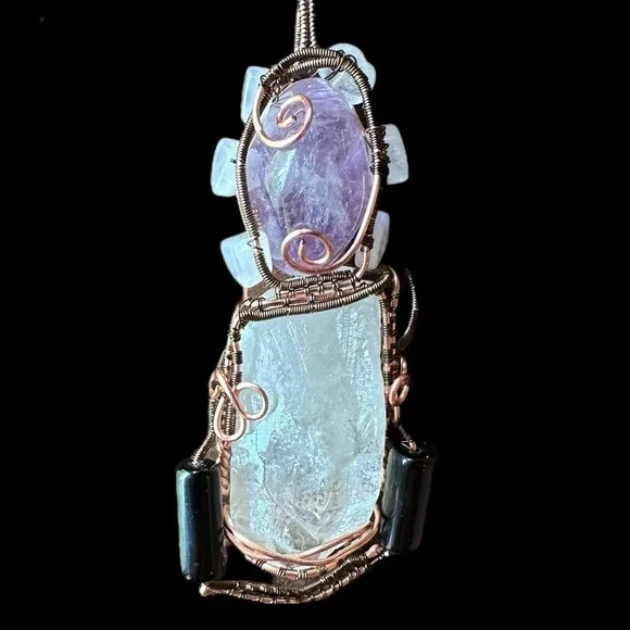 Handmade copper wire wrap pendant necklace gemstone quartz moonstone onyx - Picture 3 of 10